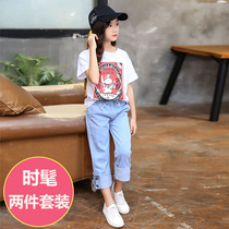 Summer dress girl two-piece set casual short sleeve T-shirt children straight jeans thin medium big child foreign Capri pants 8