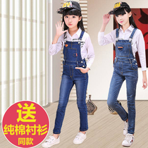 Childrens pants new girls with pants denim suit summer and middle childrens jumpsuit suspenders long trousers tide 12 years old