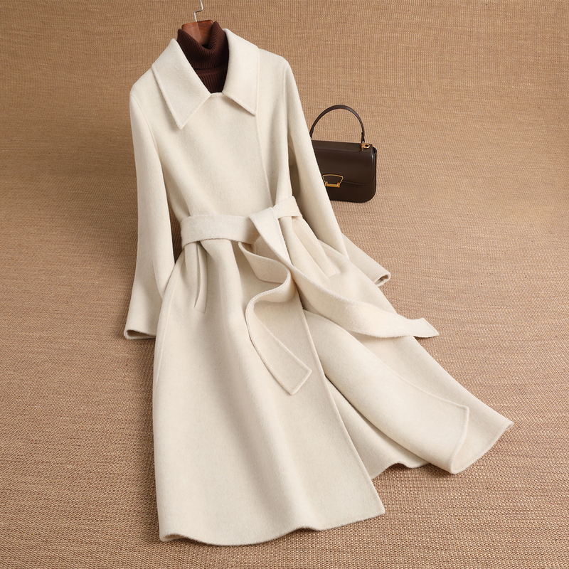 High-End Double-Sided Zero Cashmere Coat, Off-White Square Collar Tie, Double-Sided Wool Coat, Mid-Length, 2026 Autumn High-End Double-Sided Zero Cashmere Coat, Off-White Square Collar Tie, Double-Sided Wool Coat, Mid-Length, 2026 Autumn