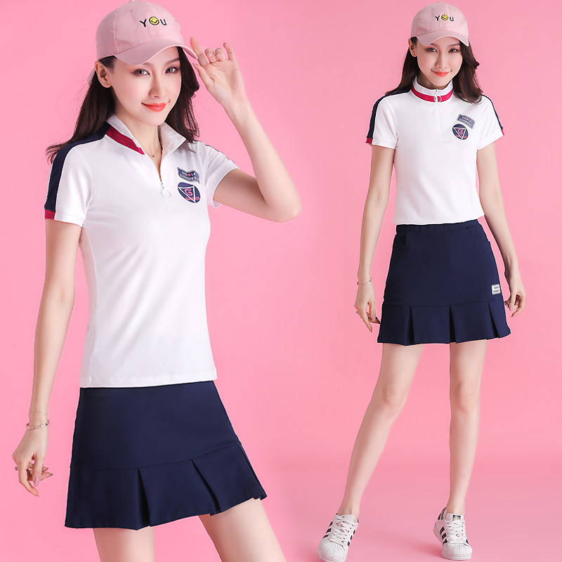 Tennis Sport Skirt Suit Women's Summer 2020 New Short Sleeves Centenfold Skirt Standout Collar badminton dress Two sets