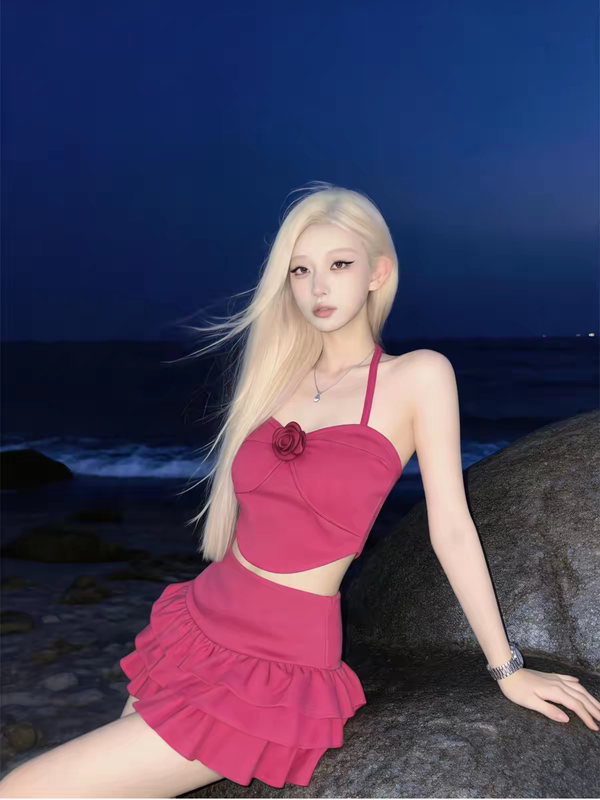 Women's Swimsuit 2026 New Model in Rose Red with a High-End Feel, Two-Piece Bikini with a Stunning Vibe for Seaside Vacations and Hot Springs