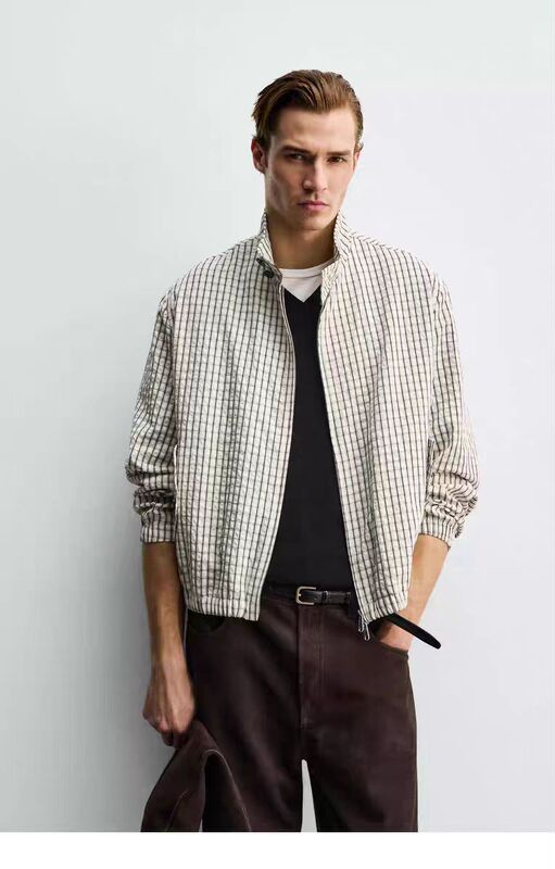 Za2026 Spring/Summer New Men's Short Plaid Textured Zipper Jacket 0155466 070