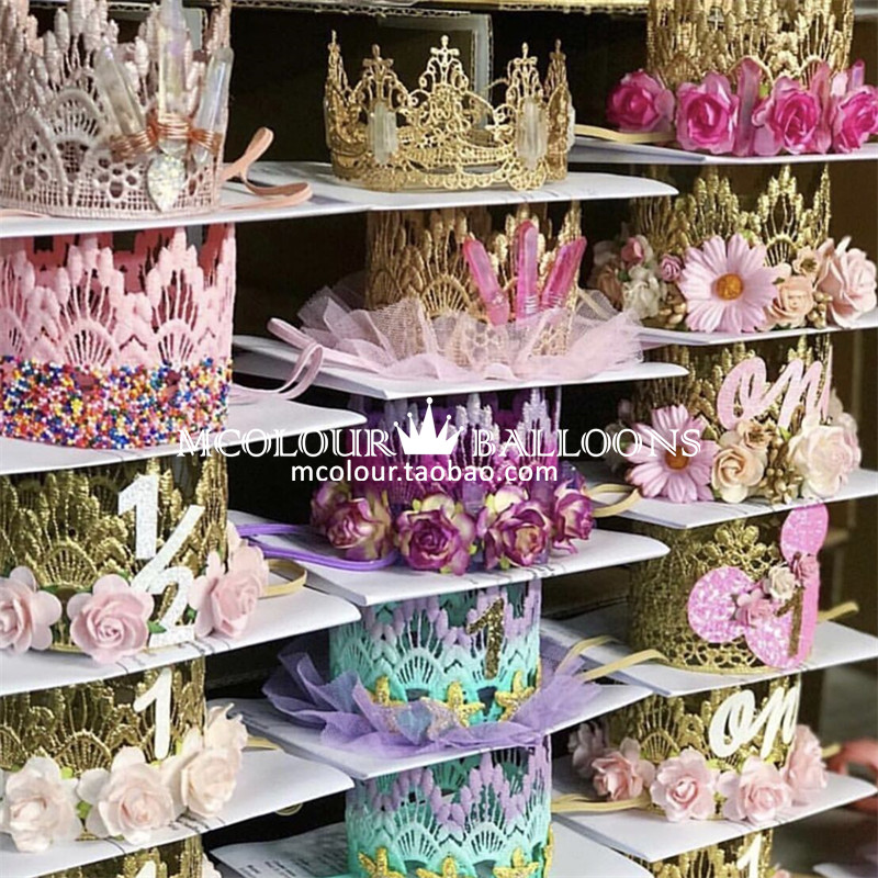 Birthday hat party 100 days of arrangement golden adult crown shoulder strap suit lace flowers handmade custom made