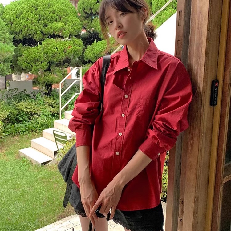 Red Color-Enhancing Mid-Length Korean-Style Vintage Long-Sleeved Shirt for Women, Loose Casual Style, Niche Pure Cotton High-End Shirt