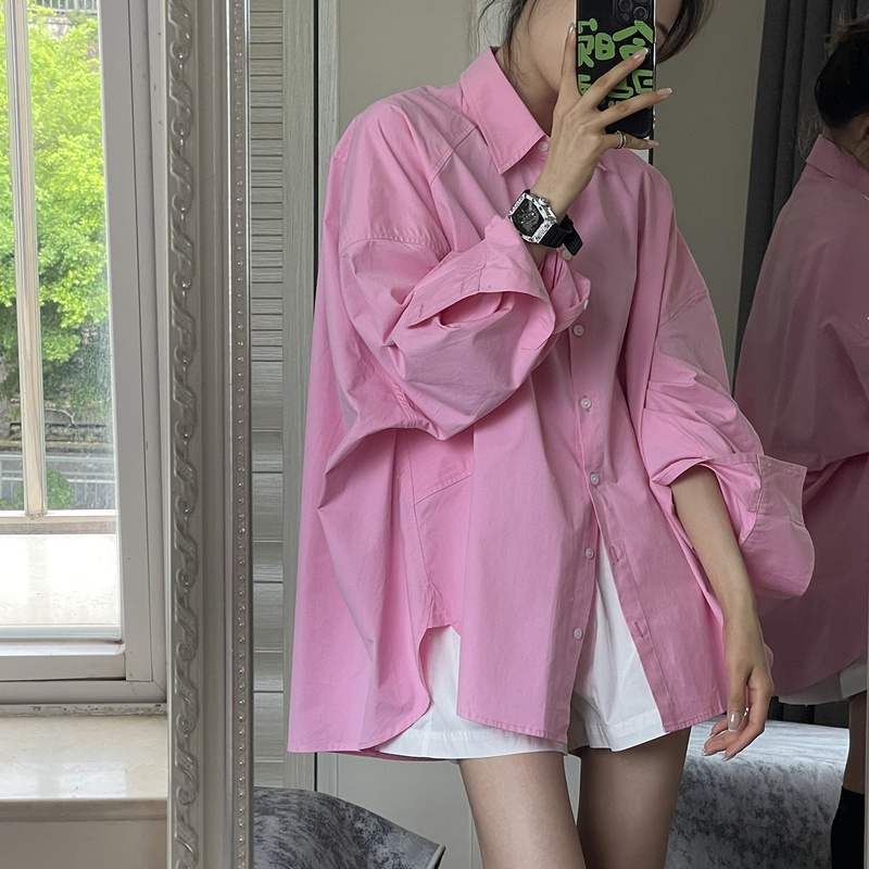 Spring and Autumn New Cherry Blossom Pink Simple Shirt for Women 2025 Niche Design Loose Oversize Slimming Shirt
