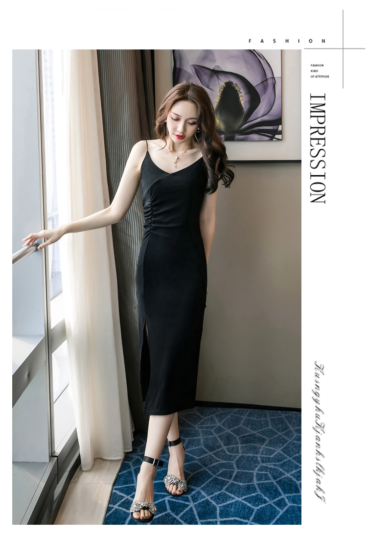 VK旗艦店 韓系復古修身開叉下擺長版細肩帶無袖洋裝