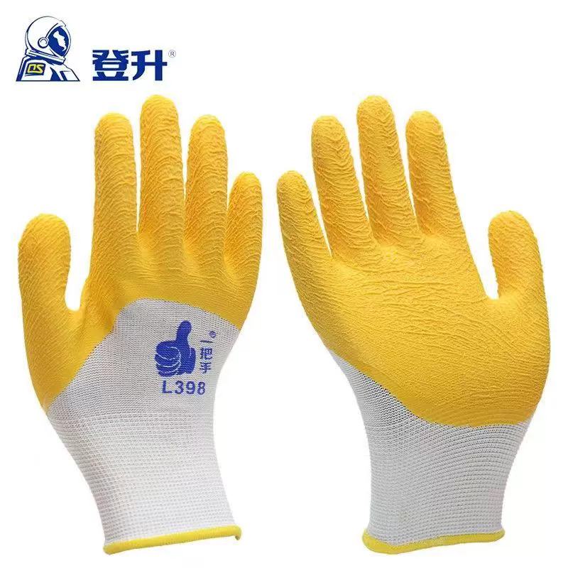 Găng tay bảo hộ lao động đầu tay Dengsheng L398 màu vàng polyester chống trơn trượt mềm mại chống mài mòn Găng tay bảo hộ lao động bao tay lao dong găng tay sợi phủ cao su