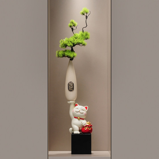 入户门玄关招财猫细长竖高花瓶摆件高级感客厅电视柜花艺装饰礼品