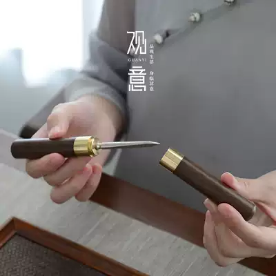 Guanyi Damascus pattern steel tea knife Ebony handmade Pu'er tea knife Stainless steel tea needle tea cone tea set accessories