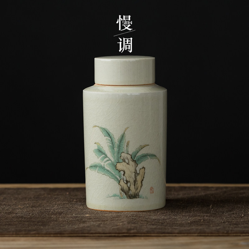 Slow Tune Ancient Green Glaze Tea Leaves Jar Home Damp seal Seal Tank Small Number Storage Tea Jar Ceramic Wood Guay Deposit Tea Jar Tea Bin