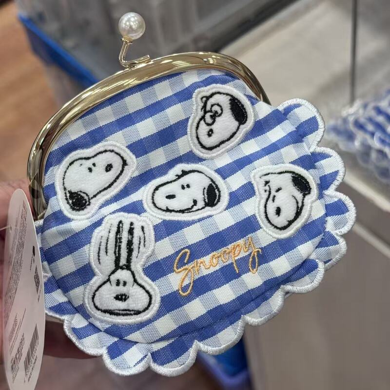 In Stock Japan Snoopy Blue Striped Lace Drawstring Pouch Bag with Clasp