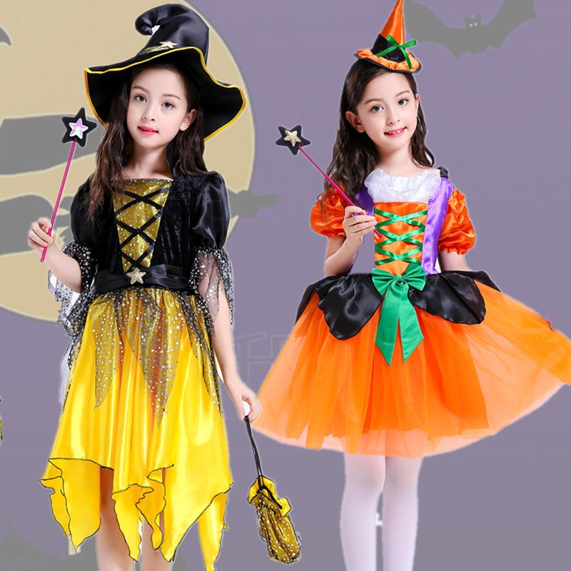 Halloween cho trẻ em cho thấy trang phục phù thủy người phụ nữ bí ngô váy vai trò sự kỳ diệu quỷ thuật sĩ osplay chương trình phù hợp