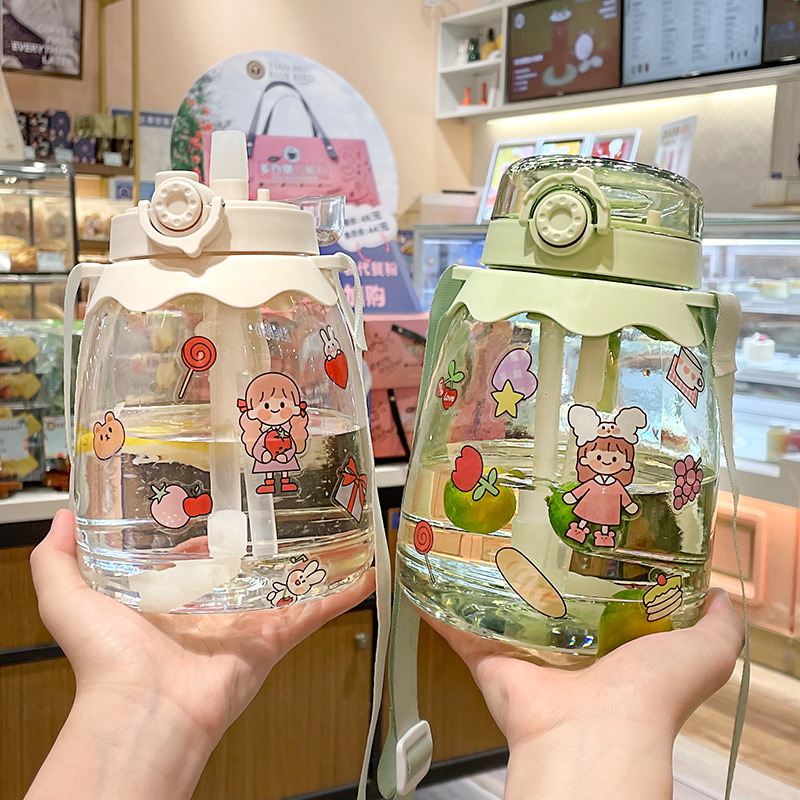 High face value large capacity water glass female summer straw holding baby bag cute portable child plastic kettle 1000ml cup