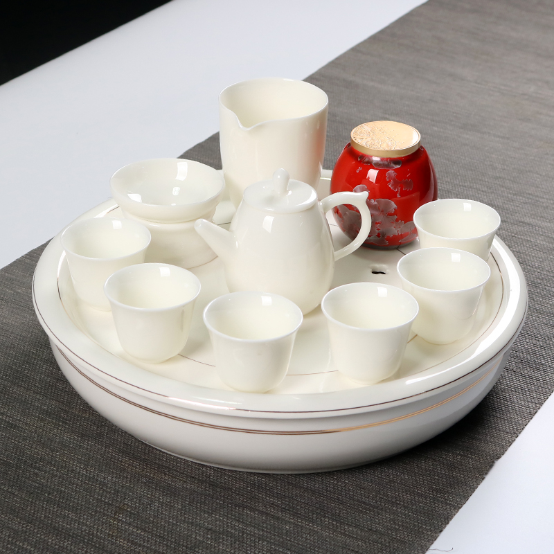 Dehua suet white porcelain tea set suit modern household contracted sitting room kung fu tea tureen with pure white tea tray