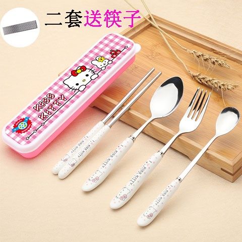 Cute cartoon box 2 sets with spoons stainless steel cutlery 4 children's pieces portable set for students 3 chopstick forks