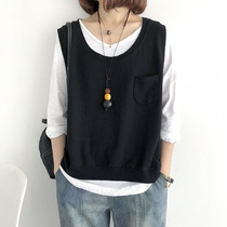 Cotton vest female Spring and Autumn new literary loose round neck sleeve sleeveless vest short horse clip jacket