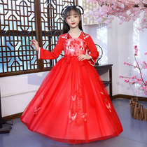Hanfu girls spring long-sleeved dress Childrens Chinese style fairy Tang dress princess Western style red embroidered long section