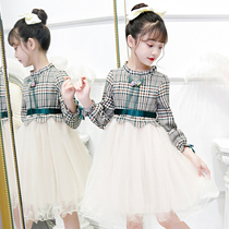 Girls  dresses Autumn long-sleeved puffy yarn princess skirt Childrens plaid skirt Little girl Western style net red