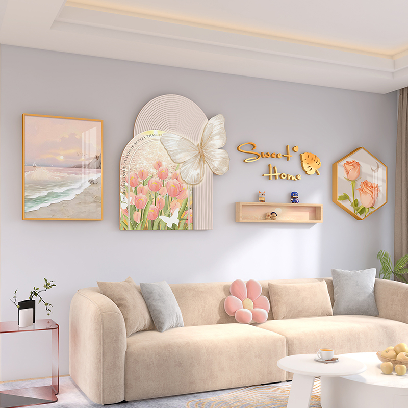 2025 New Cream-Style Living Room Decorative Painting Nordic Tulip Sofa Background Wall Hanging Painting Creative Combination Wall Art