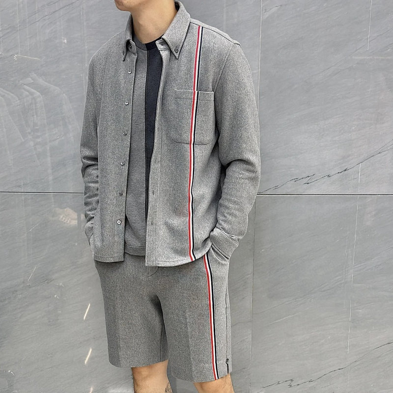 Tb Duffy New Tb Four-Bar Vertical Stripesd Shirt for Men and Women, Loose Casual Pure Cotton Long-Sleeved Jacket