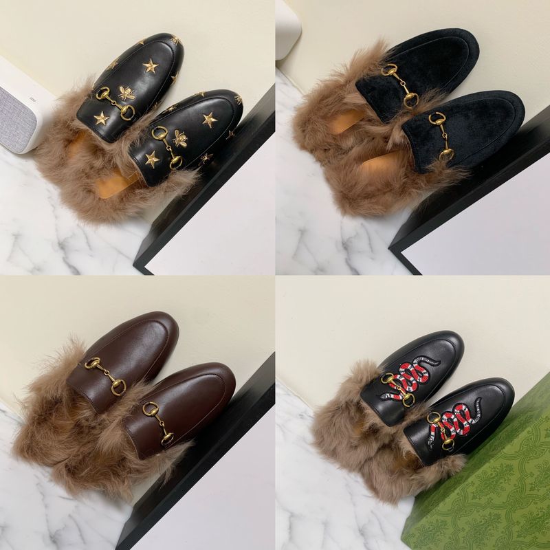 G Women's Fur Slippers 2024 Autumn/Winter Style Slip-On Fur Slippers for Women Outdoor Wear Half-Closed g Metal Buckle Mules for Women