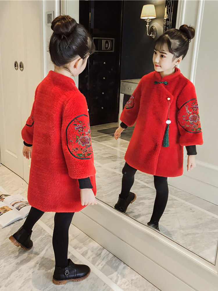 Hanfu girls New Year's greetings coat winter coat foreign style Chinese style girl thickened festive children's New Year red Tang suit - Taobao