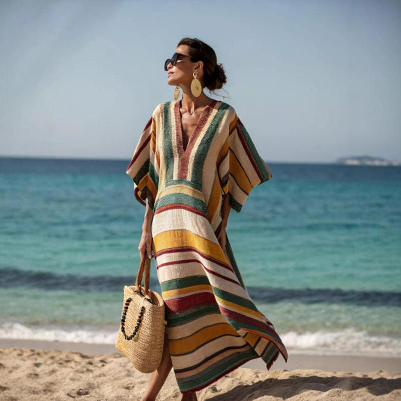 2025 European and American Vacation Colorful Striped V-Neck Mid-Sleeve Slit Kaftan Dress Long Dress Independent Station Artistic Style