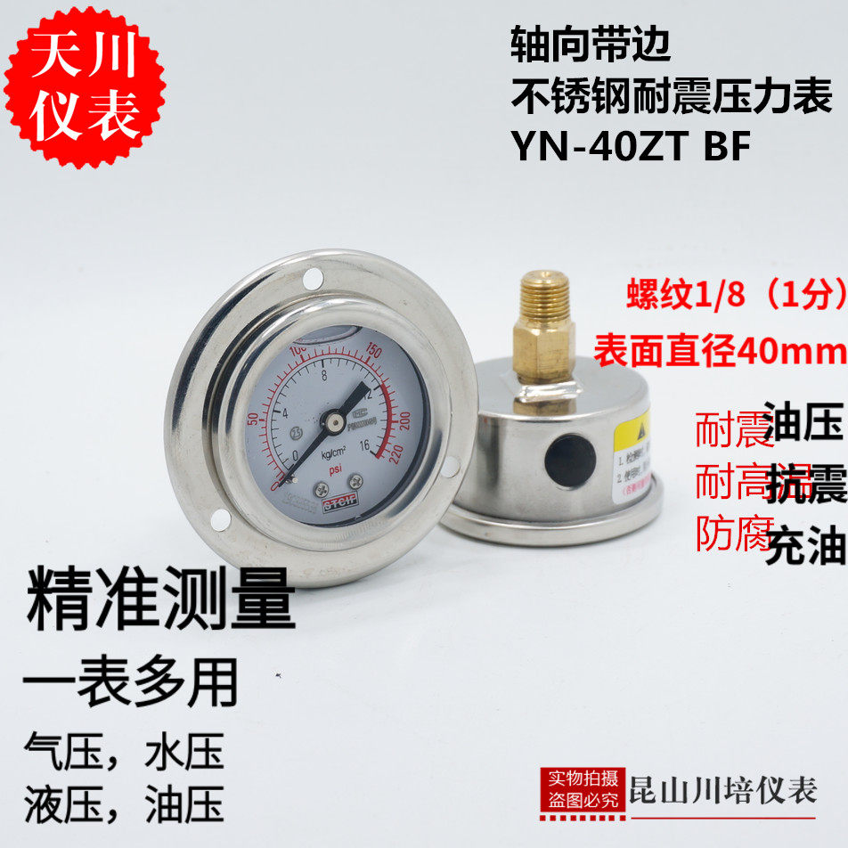 上海天川仪表YN-40ZTBF轴向带边耐震不锈钢压力表防震抗震耐高温