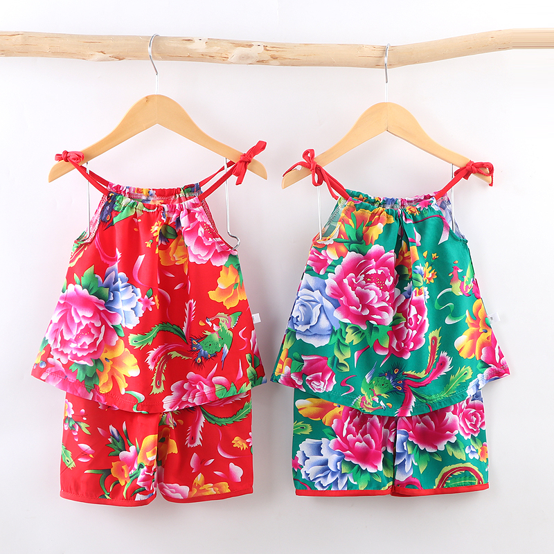 Summer Children's Suspender Set for Boys and Girls, Cotton Silk Vest and Shorts Two-Piece Set, Baby Northeast Floral Set