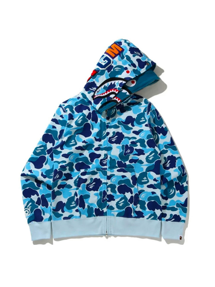 Japanese fleece cardigan, jacket with hood, human head, shark for men and women for students, hoody