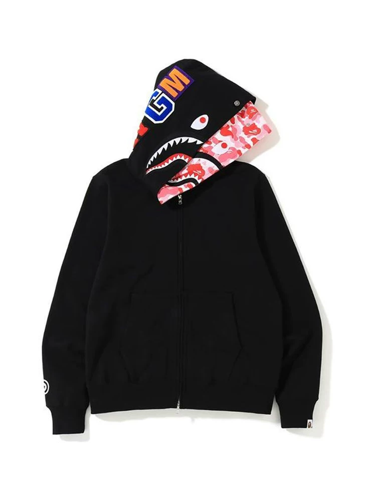 Japanese fleece cardigan, jacket with hood, human head, shark for men and women for students, hoody