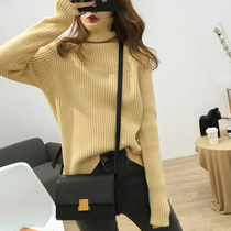 Korean version of soft glutinous lazy high collar thick vertical pattern pit bar loose slim sweater womens inner bottom sweater