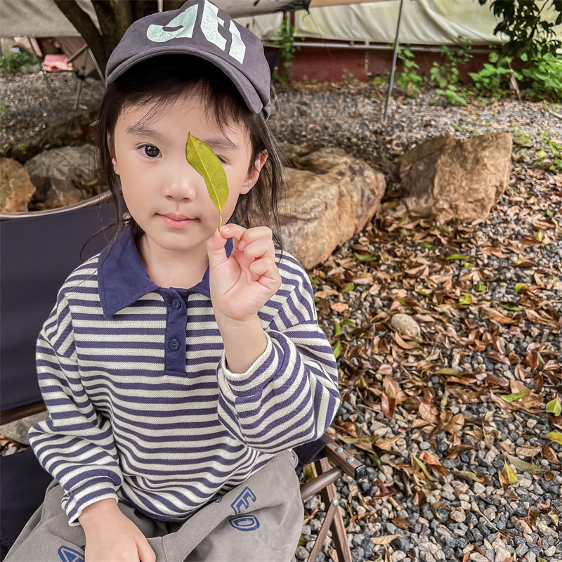 Рубашка поло Детская 儿童polo衫春装2025新款韩版女童长袖t恤衫男女宝宝条纹弹力上衣