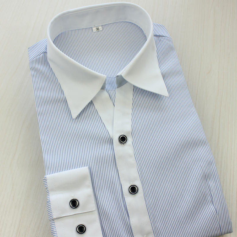 Women's White-Collar Patchwork Blue Pinstripe Shirt V-Neck Fashion Slim-Fit Ol Formal Shirt Workwear Anti-Exposure