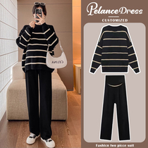 Maternity Autumn Suit Striped Sweater Winter Thick Knitted Top Wide Leg Pants Two-piece Set 2023 Fashion New Style