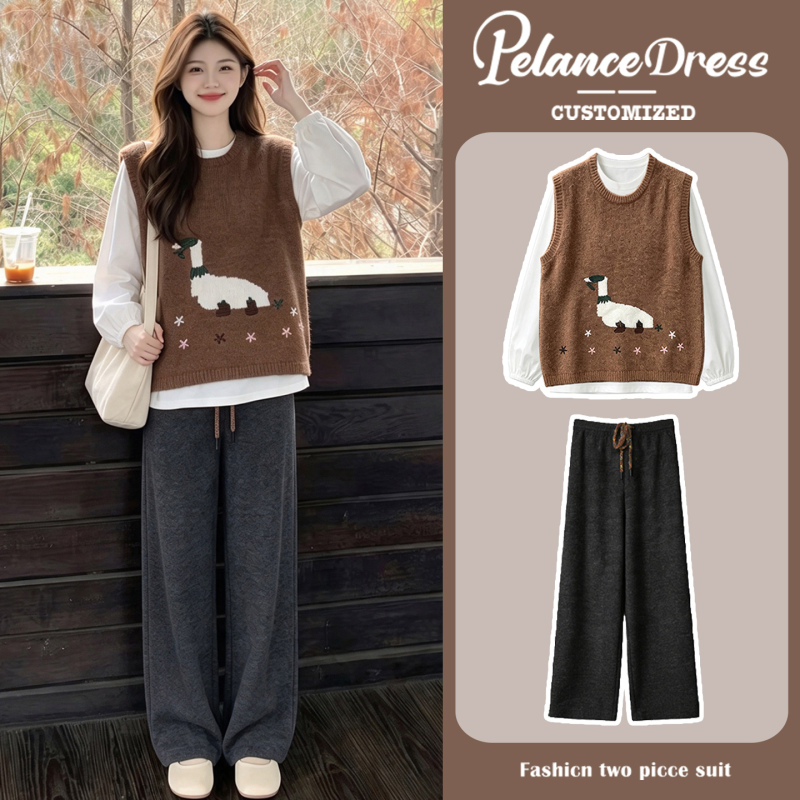 Maternity Wear Autumn Set Korean Style High-End Design Outfit Lantern Sleeve Top Sweater Vest Wide-Leg Pants Three-Piece Set Maternity Wear Autumn Set Korean Style High-End Design Outfit Lantern Sleeve Top Sweater Vest Wide-Leg Pants Three-Piece Set