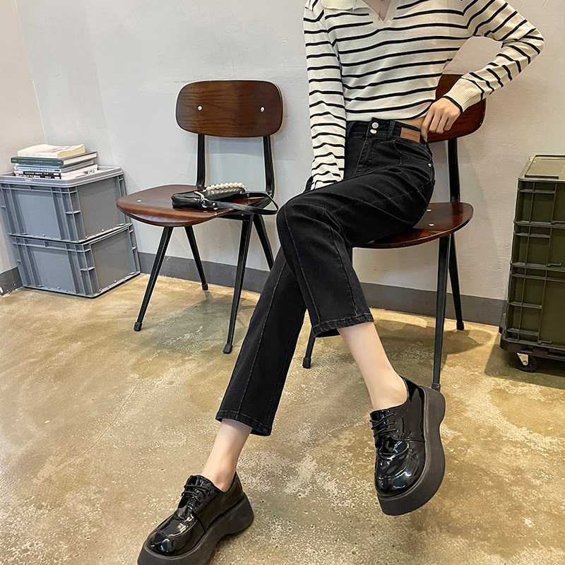 Black straight-leg jeans women's autumn 2022 new small 9-point high-waisted slim nine-point pants trendy ins