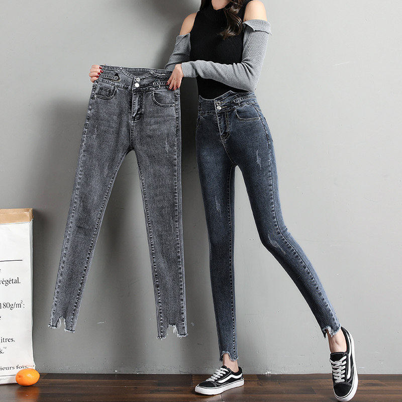 2022 spring and autumn smoke gray jeans women ins tide high waist slim fit slim tight skinny nine-point pants