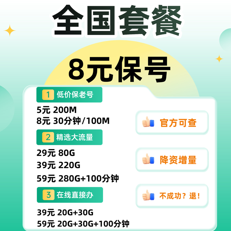 Nationwide 8-Yuan Package Plan with Guaranteed Number Transfer to 8 Yuan/19 Yuan/29 Yuan Plans Nationwide 8-Yuan Package Plan with Guaranteed Number Transfer to 8 Yuan/19 Yuan/29 Yuan Plans