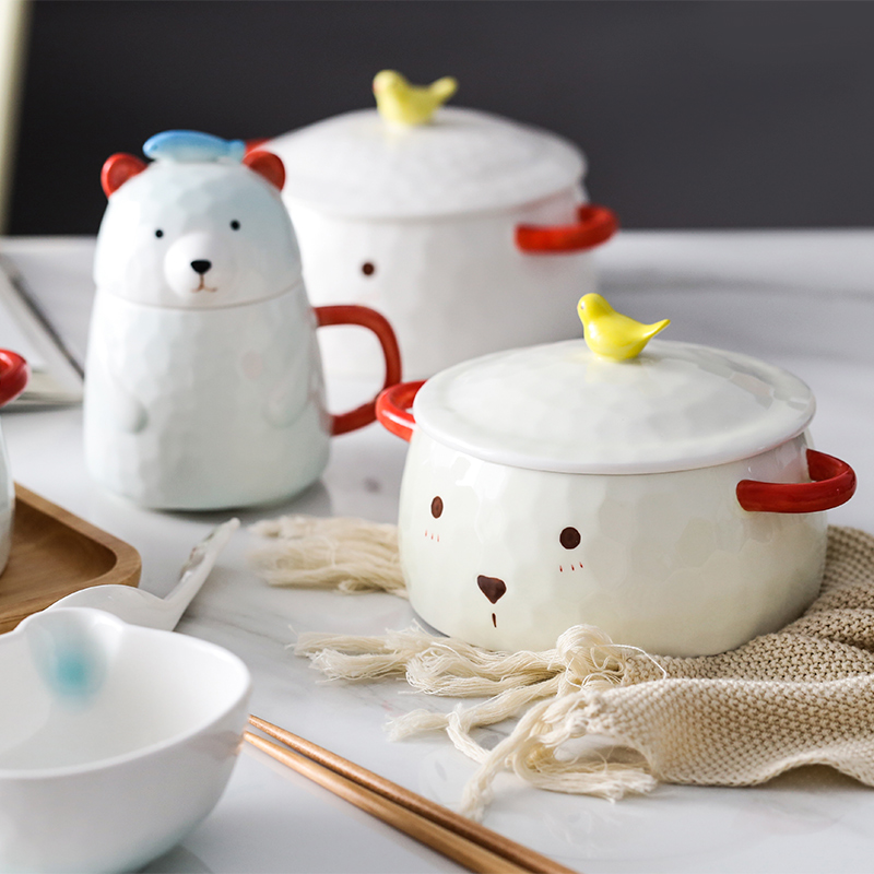 Boss have baby bear ceramic terms rainbow such as bowl, lovely cartoon family dormitory single with cover ears soup bowl