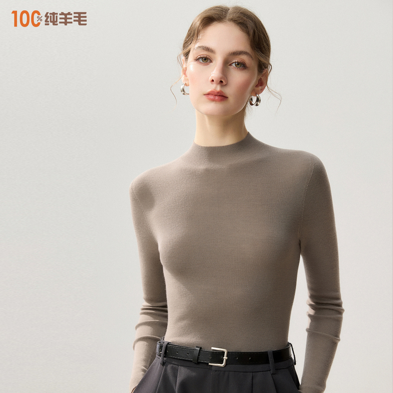 Machine Washable Fine-Spun Half-Turtleneck 100% Pure Wool Sweater for Women, Slim-Fit High-Neck Thin Sweater, Knitted Cashmere Sweater