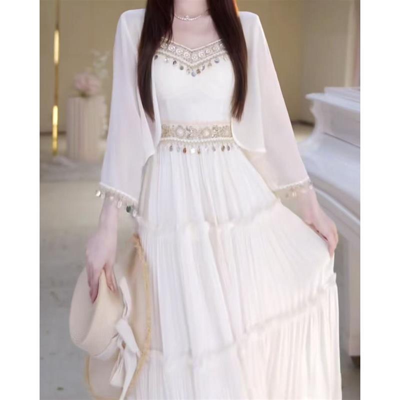 Ethnic Style Gentle Fairy-Like Temperament Suspender Dress for Women, Loose Sun-Protective Cardigan and Shawl Two-Piece Set, Single Cardigan