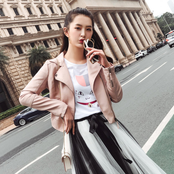 2022 new spring and autumn leather jacket women's short motorcycle slim and handsome high waist PU leather jacket small coat trendy