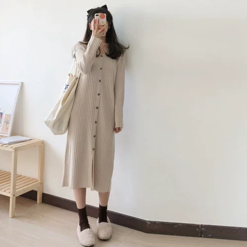 Трикотажное трикотажное платье, свитер, юбка, французский стиль, изысканный стиль, свободный крой, V-образный вырез