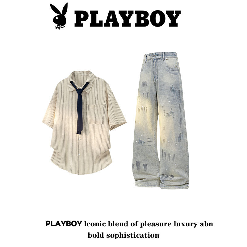 Playboy's New Textured Vertical Striped Tie Design Casual Large Size Short-Sleeved Shirt and Jeans Two-Piece Set Playboy's New Textured Vertical Striped Tie Design Casual Large Size Short-Sleeved Shirt and Jeans Two-Piece Set
