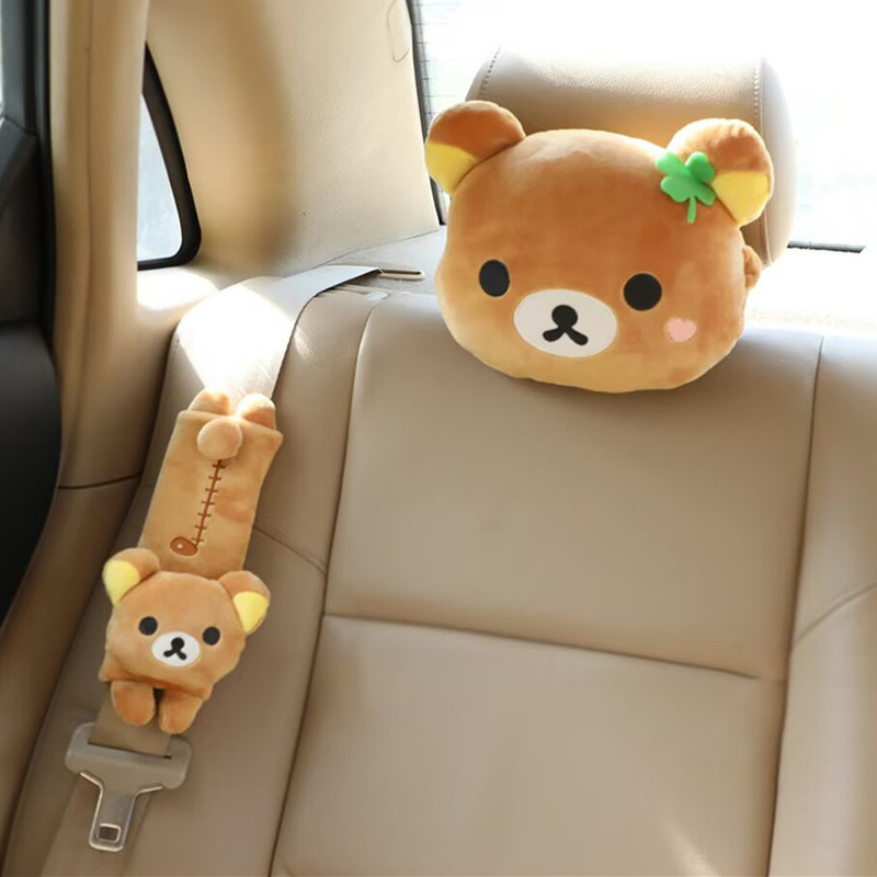 Cartoon Japanese-Style Cute Bear Plush Car Headrest Couple Neck Pillow Car Seat Belt Cover for Men and Women