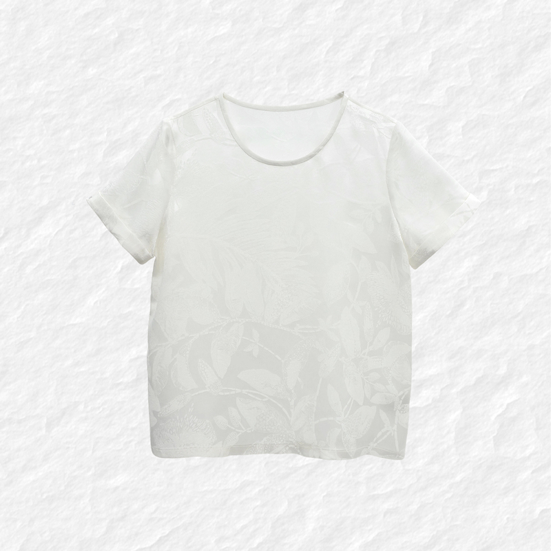 100% Mulberry Silk Jacquard Satin Short-Sleeve Women's Solid Color Loose Casual Top Versatile Shirt 826119