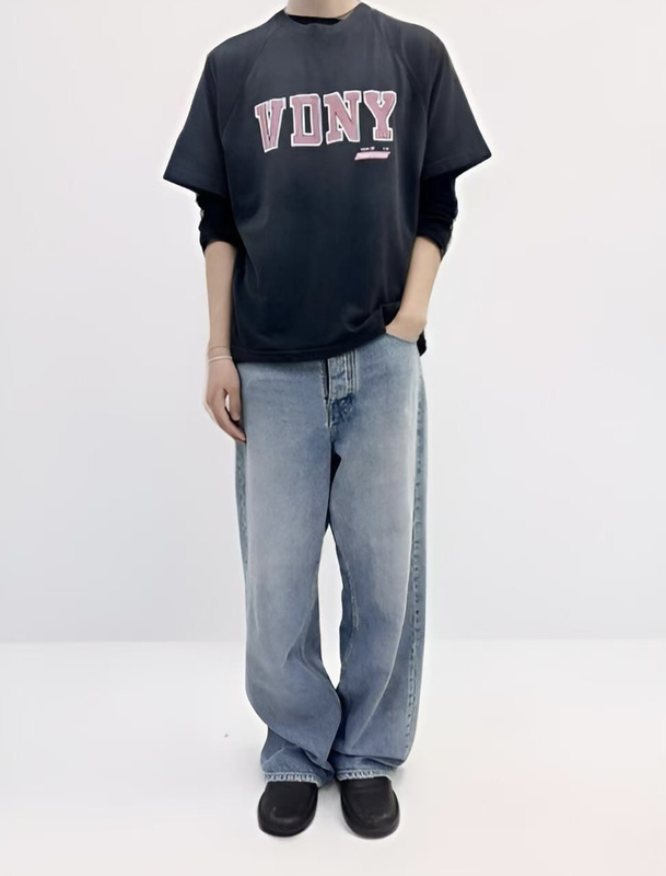 In Stock Vujade 010 Drop6 “Vdny” Washed Black Distressed Print Short-Sleeve Horn Sleeves Drop Shoulder