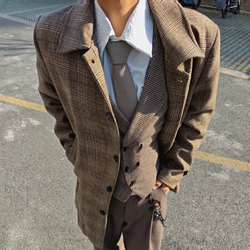 Ifwt 50% Wool Blend Prince of Wales Houndstooth Coat, Mid-Length, Thickened for Autumn and Winter, Old Money Style Jacket
