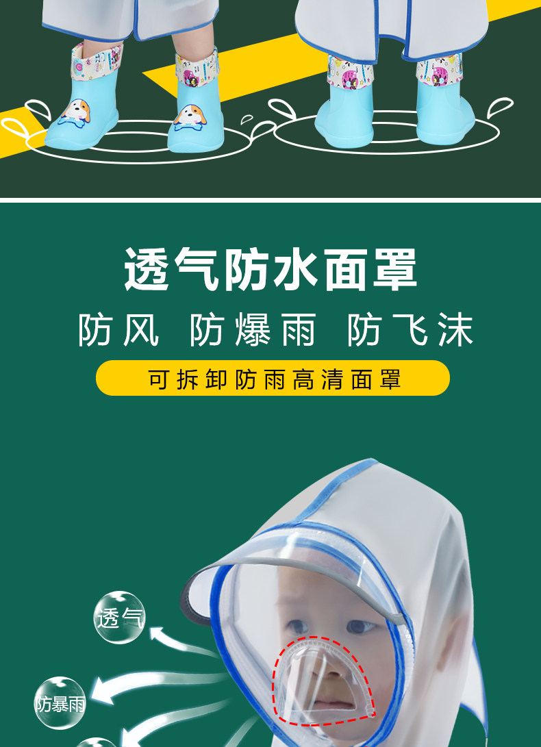儿童雨衣男童女童小童幼童小学生幼儿园上学雨披带背包位防护面罩详情2
